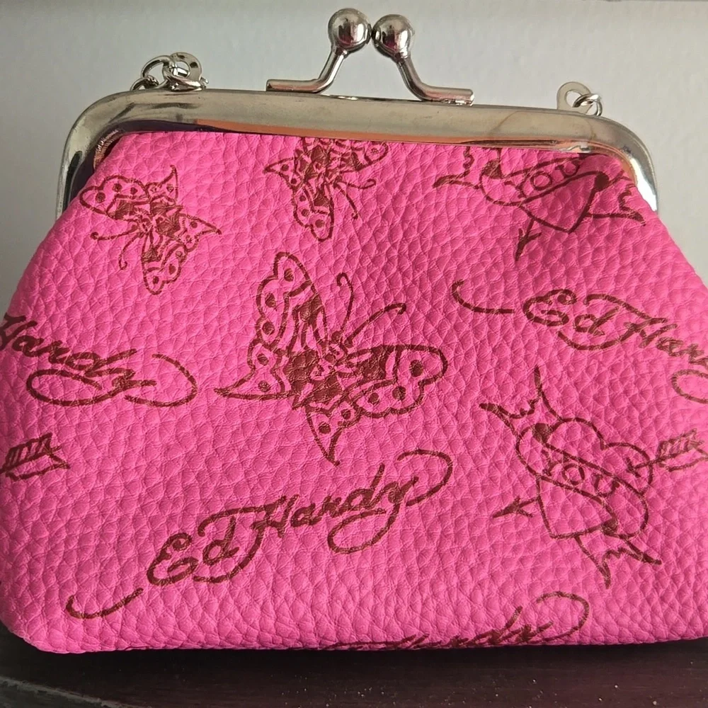 Ed Hardy Pink Clutch with Tiger Design Silver Chain